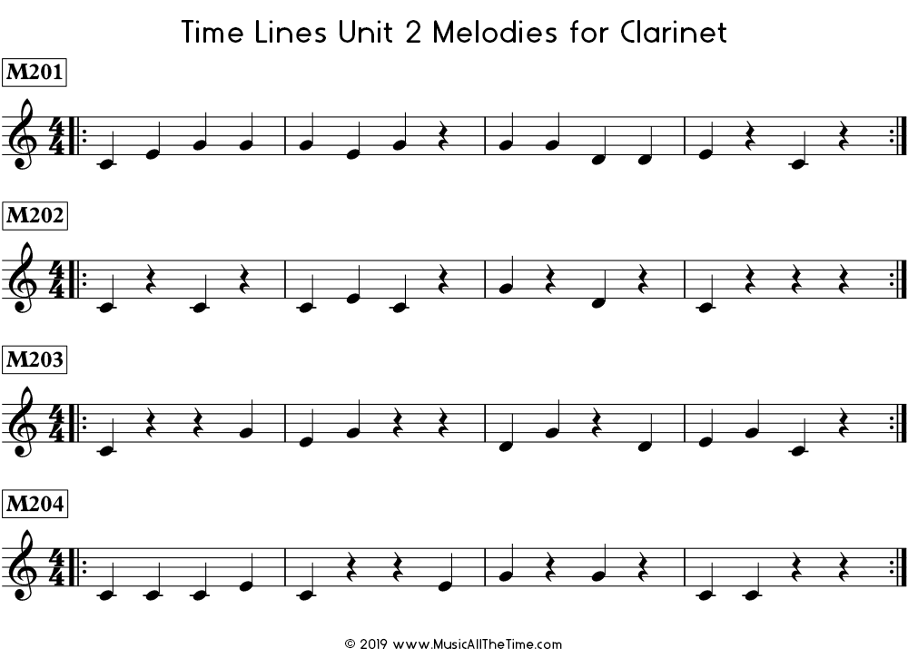 Time Lines Melodies for clarinet with quarter notes and quarter rests in 4/4 time signature.
