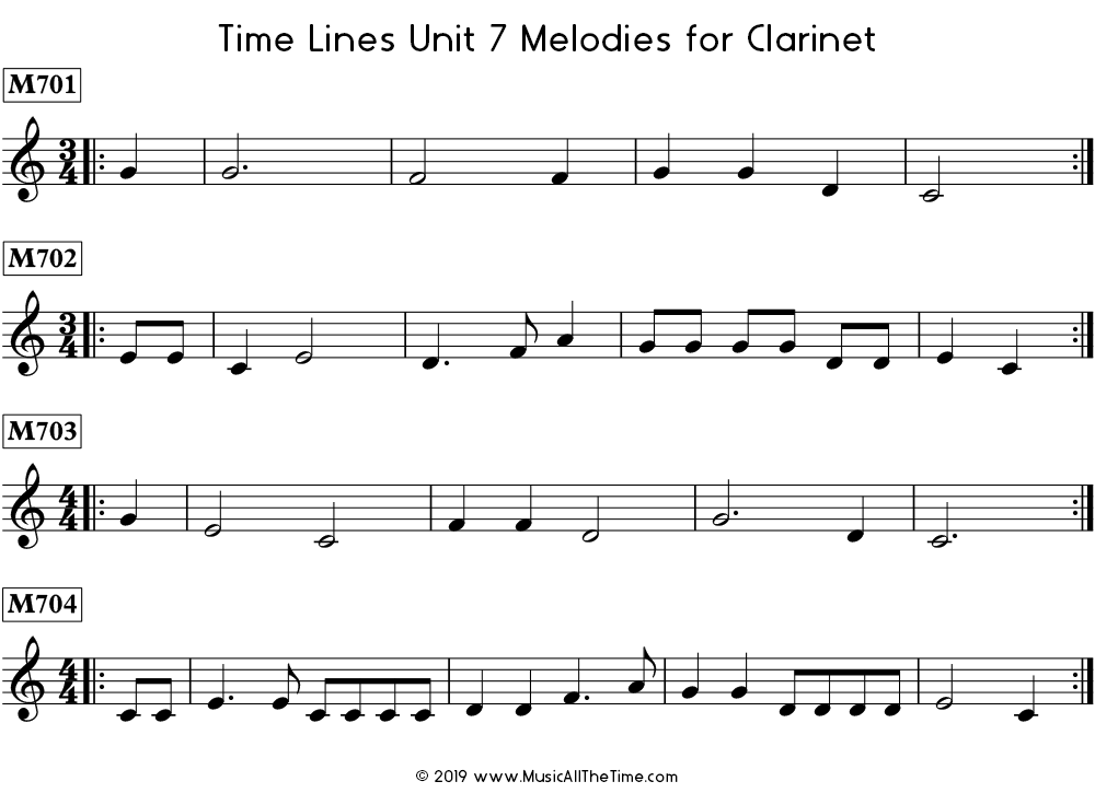 Time Lines Melodies for clarinet with pickup notes.