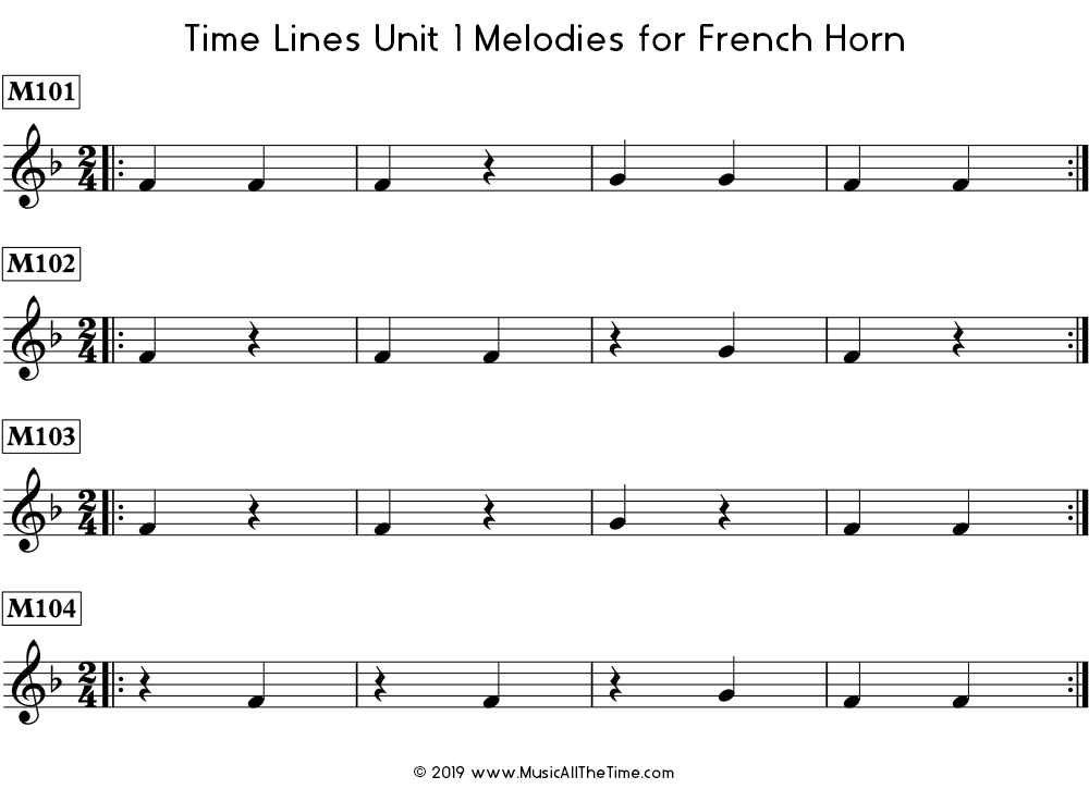 Time Lines Melodies for French horn with quarter notes and quarter rests in 2/4 and 3/4 time signatures.