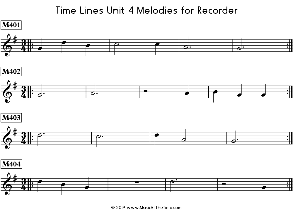 Time Lines Melodies for recorder with dotted half notes, whole notes, and whole rests.