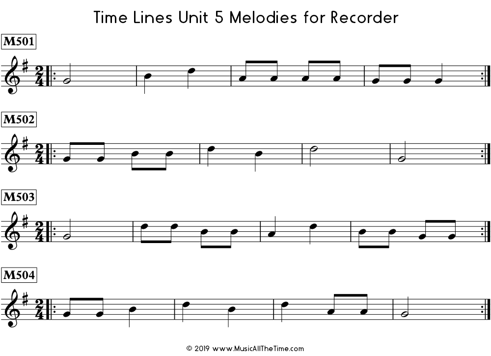 Time Lines Melodies for recorder with eighth notes.