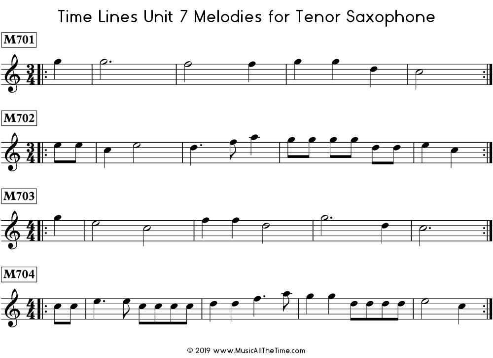 Time Lines Melodies for tenor saxophone with pickup notes.