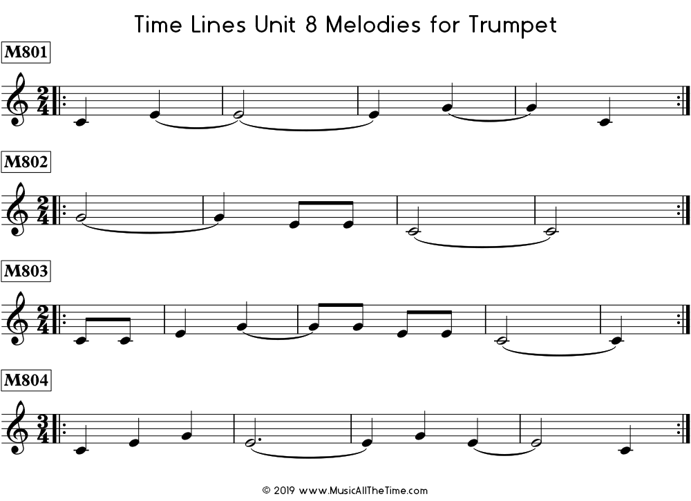 Time Lines Melodies for trumpet with ties over measure lines.