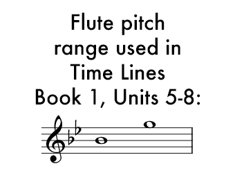 Time Lines Book 1 for Flute Units 5-8 uses a range of B flat in the middle of the staff to G on top of the staff.