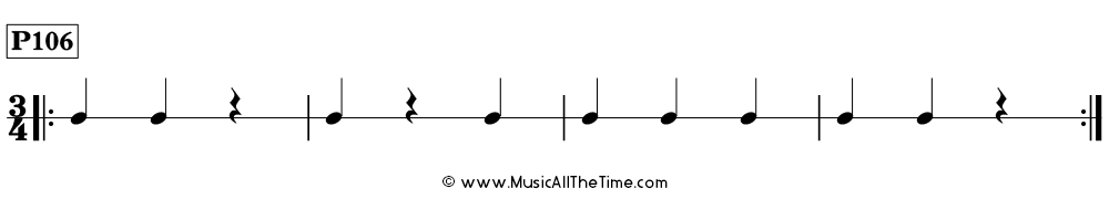 Rhythm pattern with quarter notes and quarter rests in 3/4, Time Lines P106
