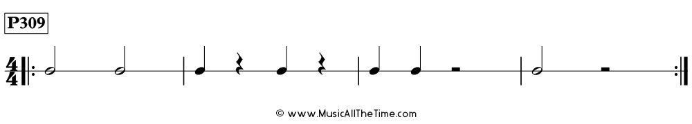 Rhythm pattern with half notes, half rests, and quarter notes and rests in 4/4, Time Lines P309
