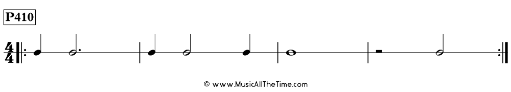Rhythm patterns with dotted half notes, whole notes, and whole rests in 3/4 and 4/4 time signatures - Time Lines Unit 4.