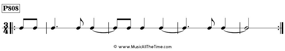 Rhythm pattern with ties over measure lines in 3/4, Time Lines P808