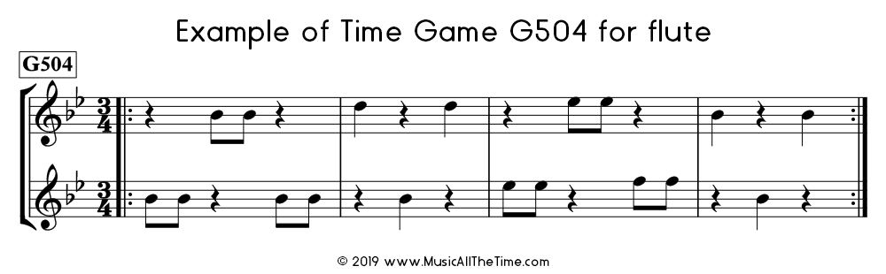 Example of Time Game G504 for flute from Time Lines Music Method for Rhythm and Reading, by Kyle Coughlin.