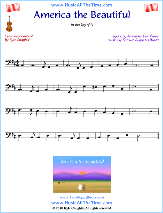 America the Beautiful cello sheet music, arranged to play along with other string instruments. Free printable PDF.
