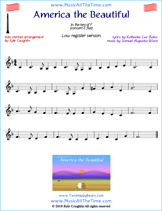 America the Beautiful for clarinet solo written in the lower register. Free printable PDF.