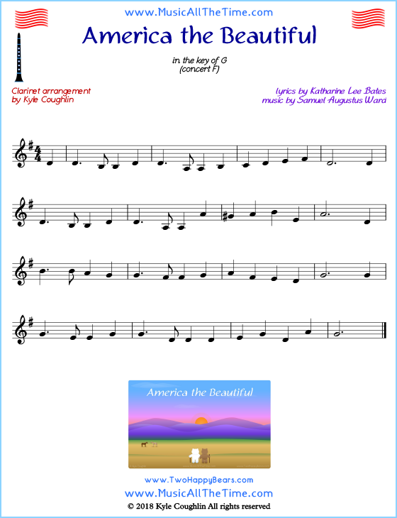 America the Beautiful clarinet sheet music, arranged to play along with other wind and brass instruments. Free printable PDF.
