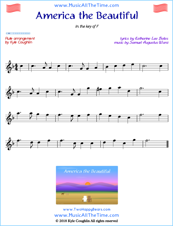 America the Beautiful flute sheet music, arranged to play along with other wind and brass instruments. Free printable PDF.