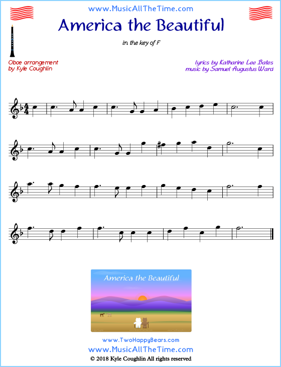 America the Beautiful oboe sheet music, arranged to play along with other wind and brass instruments. Free printable PDF.