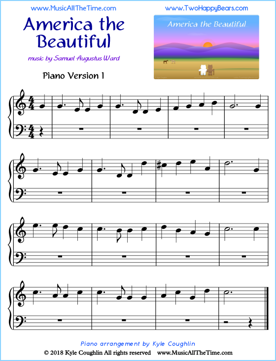 America the Beautiful beginner sheet music for piano. Free printable PDF.