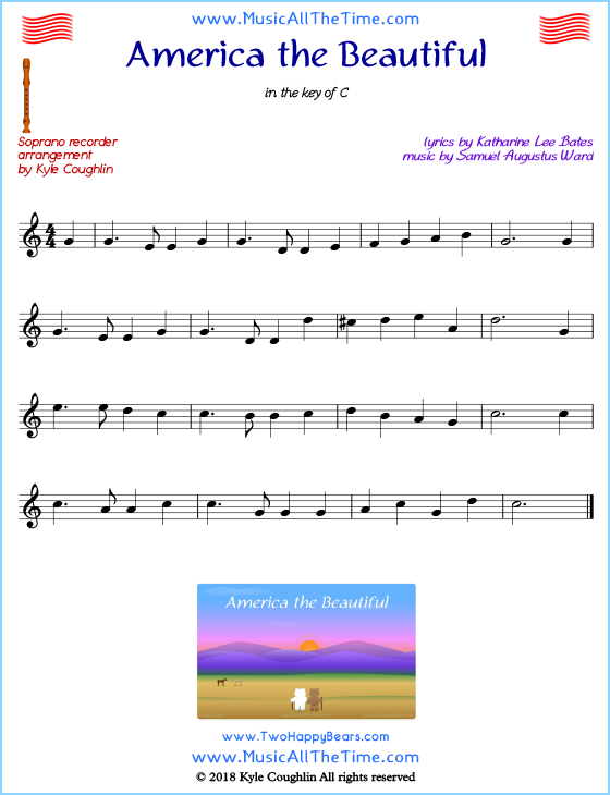 America the Beautiful soprano recorder sheet music. Free printable PDF.