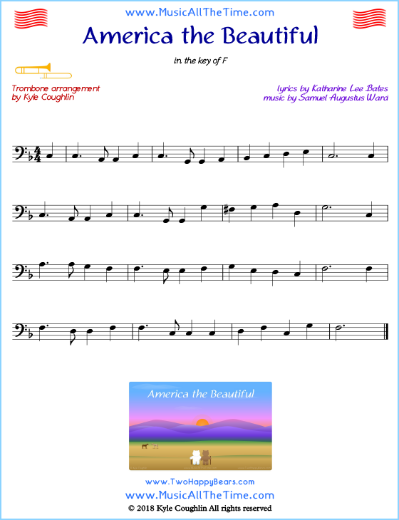America the Beautiful trombone sheet music, arranged to play along with other wind and brass instruments. Free printable PDF.