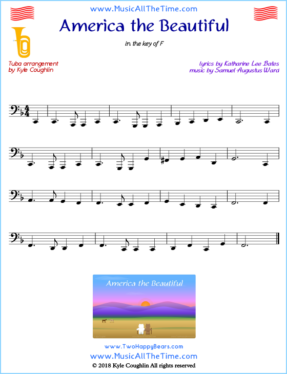 America the Beautiful tuba sheet music, arranged to play along with other wind and brass instruments. Free printable PDF.