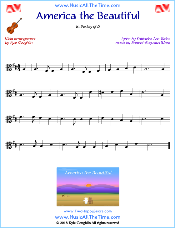 America the Beautiful viola sheet music, arranged to play along with other string instruments. Free printable PDF.
