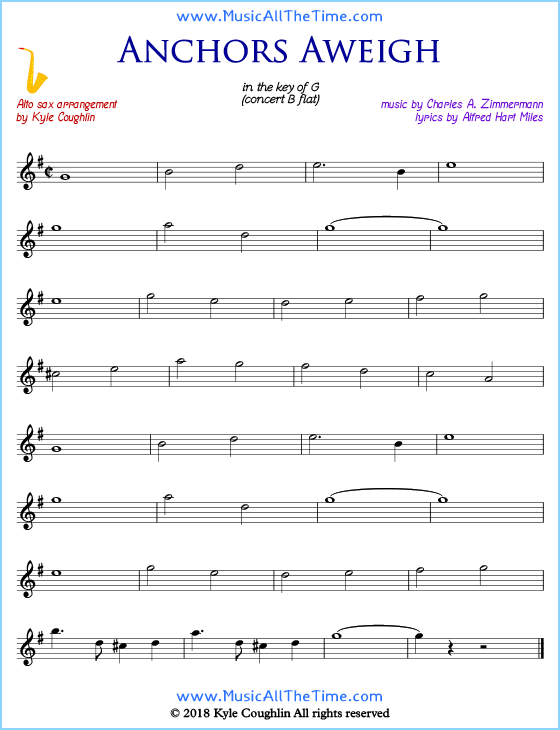 Anchors Aweigh alto saxophone sheet music, arranged to play along with other wind and brass instruments. Free printable PDF.