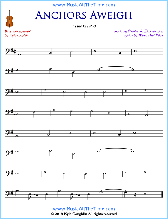 Anchors Aweigh bass sheet music, arranged to play along with other string instruments. Free printable PDF.