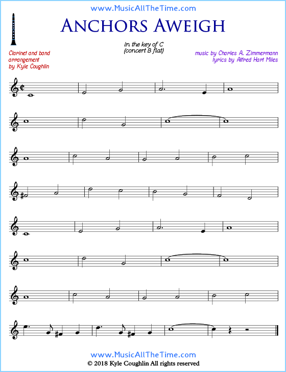 Anchors Aweigh clarinet sheet music, arranged to play along with other wind and brass instruments. Free printable PDF.