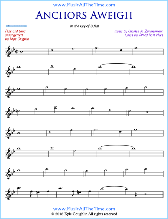Anchors Aweigh flute sheet music, arranged to play along with other wind and brass instruments. Free printable PDF.