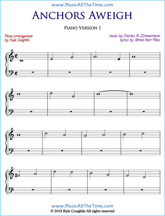 Anchors Aweigh beginner sheet music for piano. Free printable PDF.