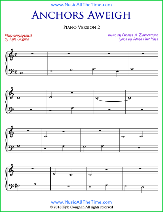 Anchors Aweigh easy sheet music for piano. Free printable PDF.