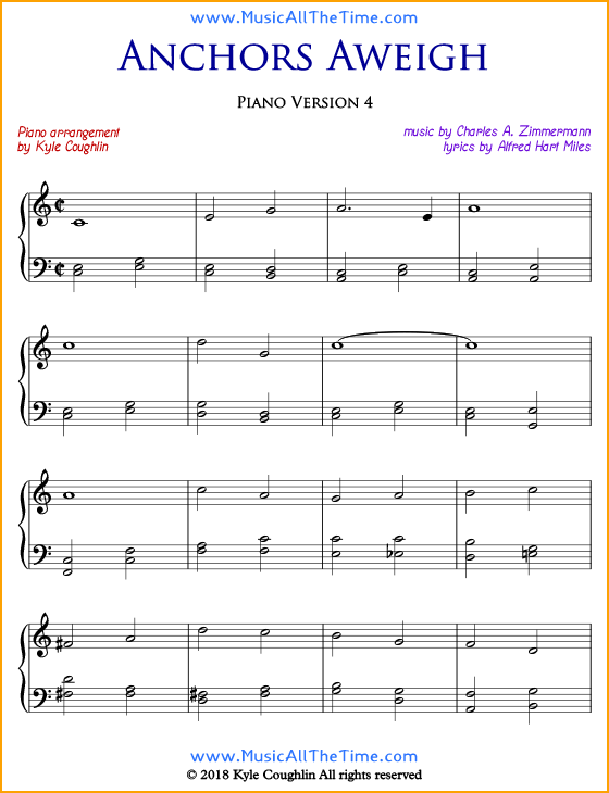 Anchors Aweigh intermediate sheet music for piano. Free printable PDF.