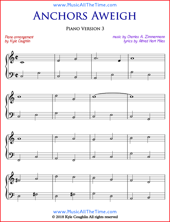 Anchors Aweigh simple sheet music for piano. Free printable PDF.