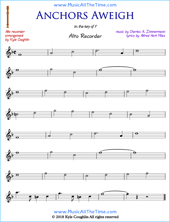 Anchors Aweigh alto recorder sheet music. Free printable PDF.