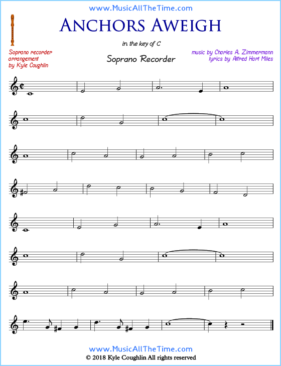 Anchors Aweigh soprano recorder sheet music. Free printable PDF.
