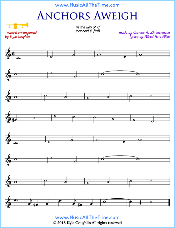 Anchors Aweigh trumpet sheet music, arranged to play along with other wind and brass instruments. Free printable PDF.