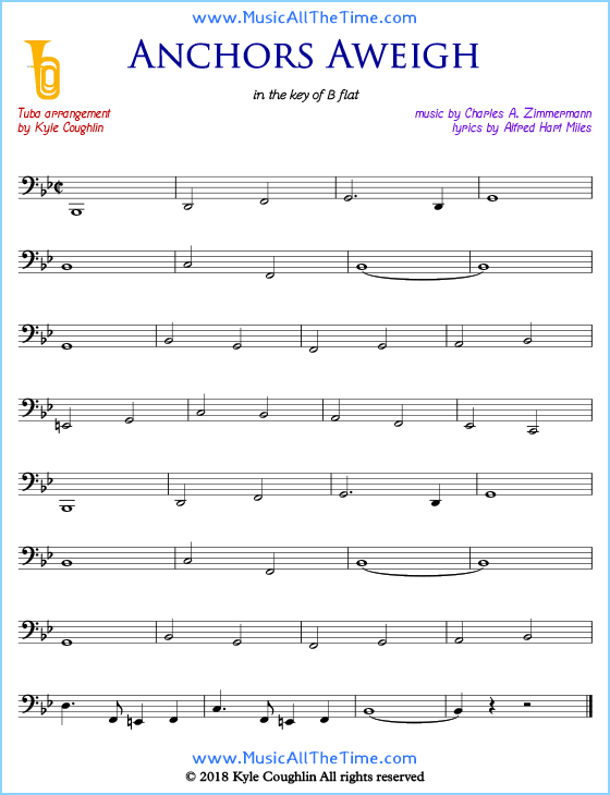 Anchors Aweigh tuba sheet music, arranged to play along with other wind and brass instruments. Free printable PDF.