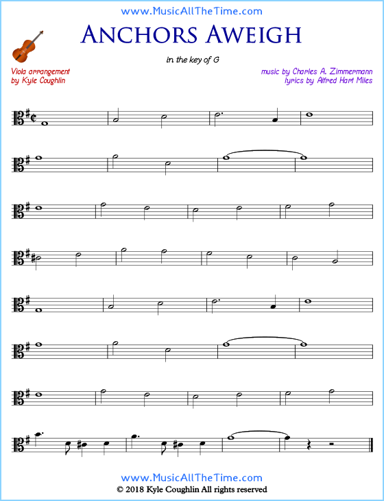 Anchors Aweigh viola sheet music, arranged to play along with other string instruments. Free printable PDF.