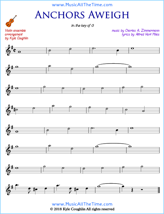 Anchors Aweigh violin sheet music, arranged to play along with other string instruments. Free printable PDF.