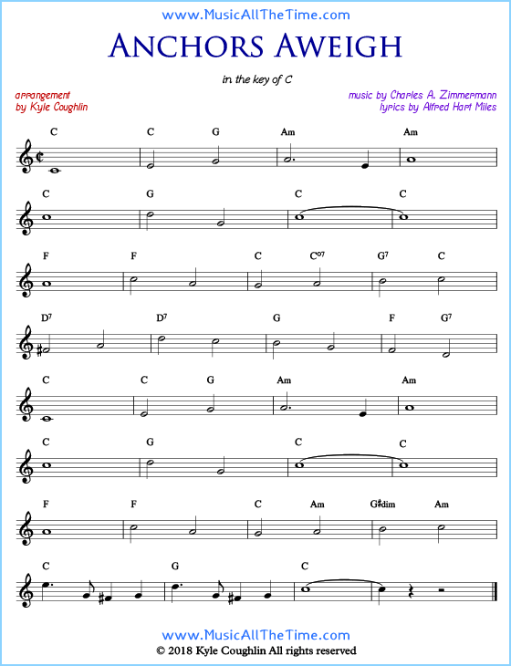 Anchors Aweigh lead sheet music with chords and melody. Free printable PDF.