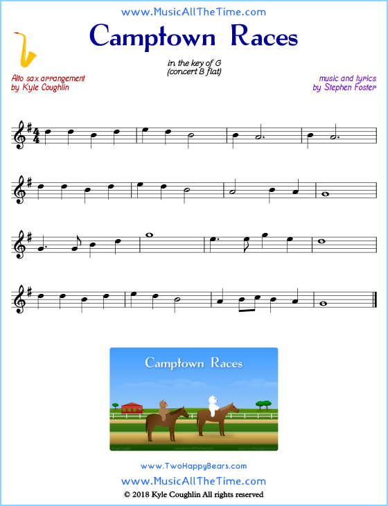 Camptown Races alto saxophone sheet music, arranged to play along with other wind and brass instruments. Free printable PDF.