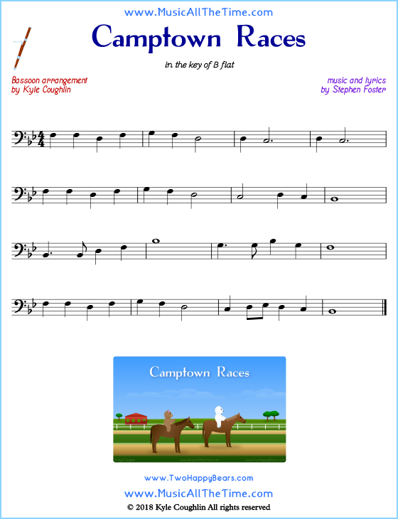Camptown Races bassoon sheet music, arranged to play along with other wind and brass instruments. Free printable PDF.