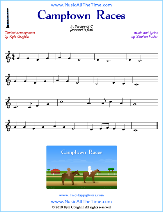 Camptown Races clarinet sheet music, arranged to play along with other wind and brass instruments. Free printable PDF.
