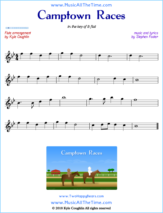 Camptown Races flute sheet music, arranged to play along with other wind and brass instruments. Free printable PDF.