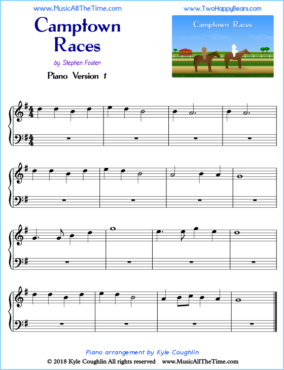 Camptown Races beginner sheet music for piano. Free printable PDF.