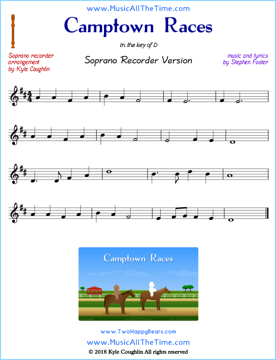 Camptown Races soprano recorder sheet music. Free printable PDF.