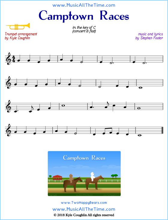 Camptown Races trumpet sheet music, arranged to play along with other wind and brass instruments. Free printable PDF.
