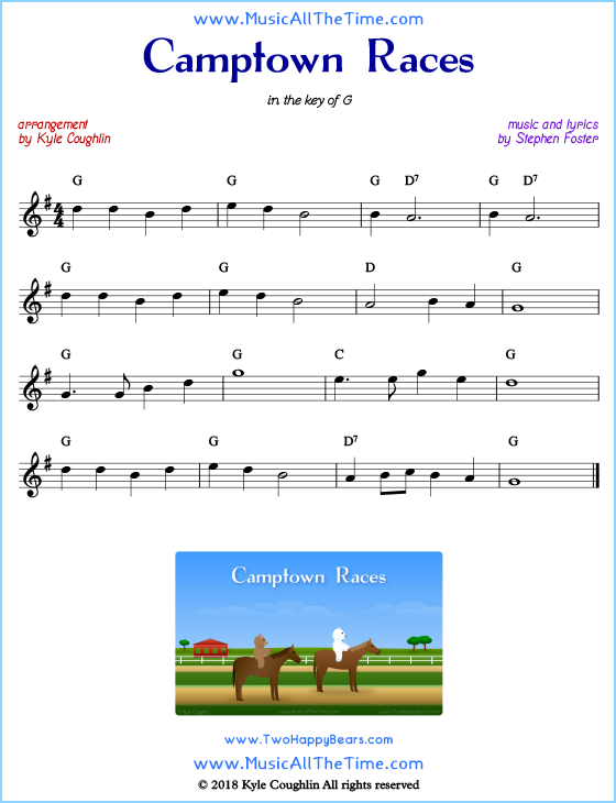 Camptown Races lead sheet music with chords and melody. Free printable PDF.