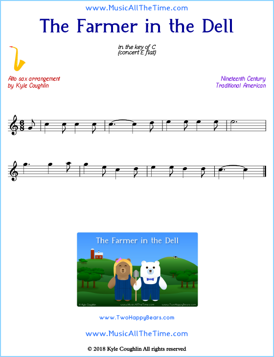 The Farmer in the Dell alto saxophone sheet music, arranged to play along with other wind and brass instruments. Free printable PDF.
