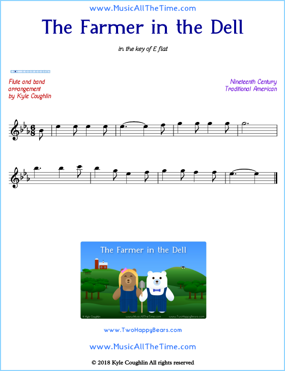 The Farmer in the Dell flute sheet music, arranged to play along with other wind and brass instruments. Free printable PDF.