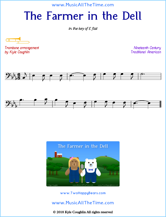 The Farmer in the Dell trombone sheet music, arranged to play along with other wind and brass instruments. Free printable PDF.
