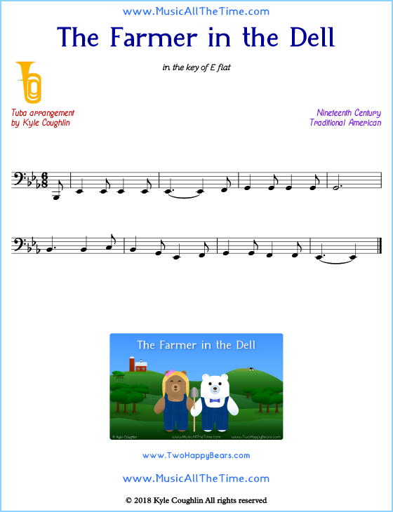 The Farmer in the Dell tuba sheet music, arranged to play along with other wind and brass instruments. Free printable PDF.